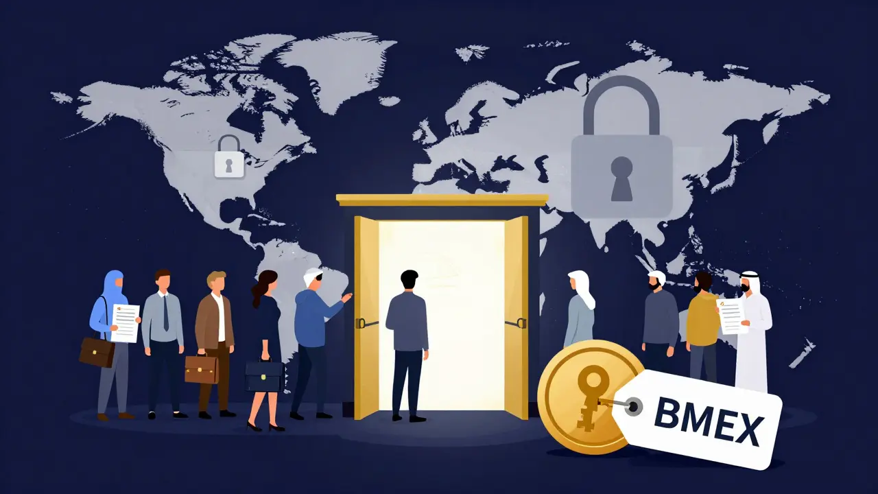 Map illustrating US access restriction and Dubai headquarters for BitMEX users.