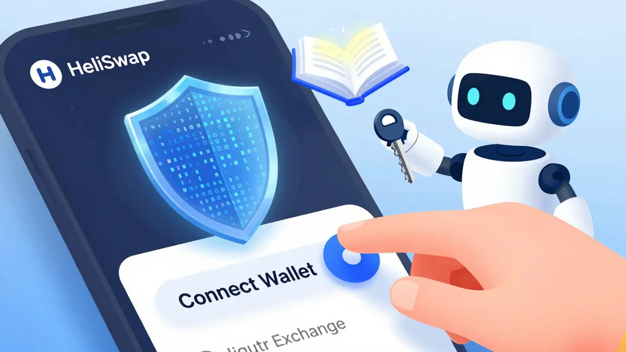Robot assistant guiding user to connect wallet securely on DEX