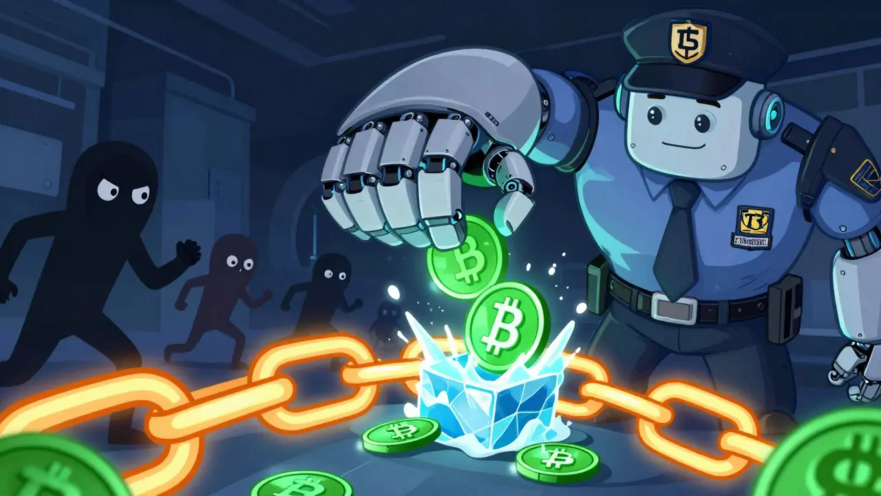 Robotic hand freezes illicit crypto tokens on a blockchain chain