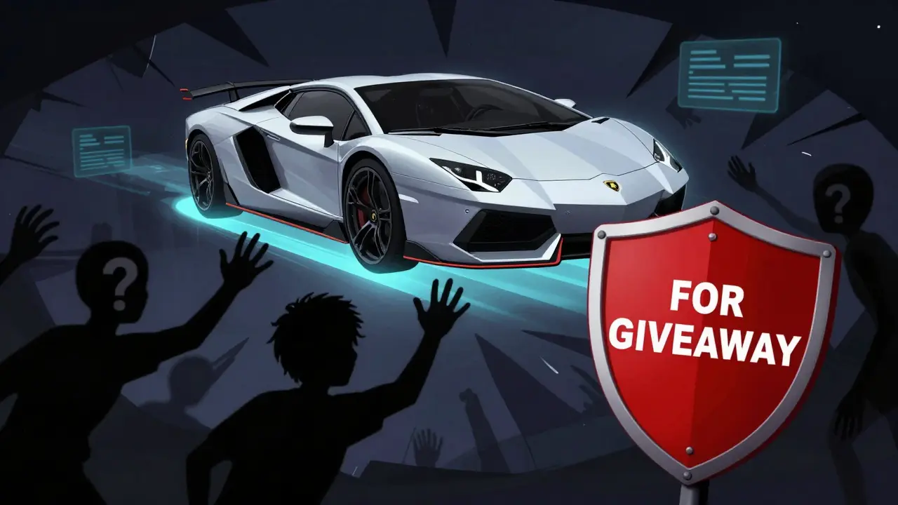Satirical cartoon showing a fake Lamborghini giveaway as a scam trap
