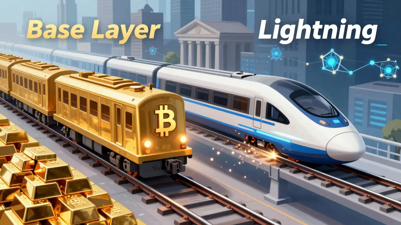 Slow gold train vs fast lightning train comparing Bitcoin layers