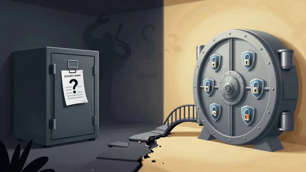 Split illustration comparing unaudited risky platform vs secure exchange