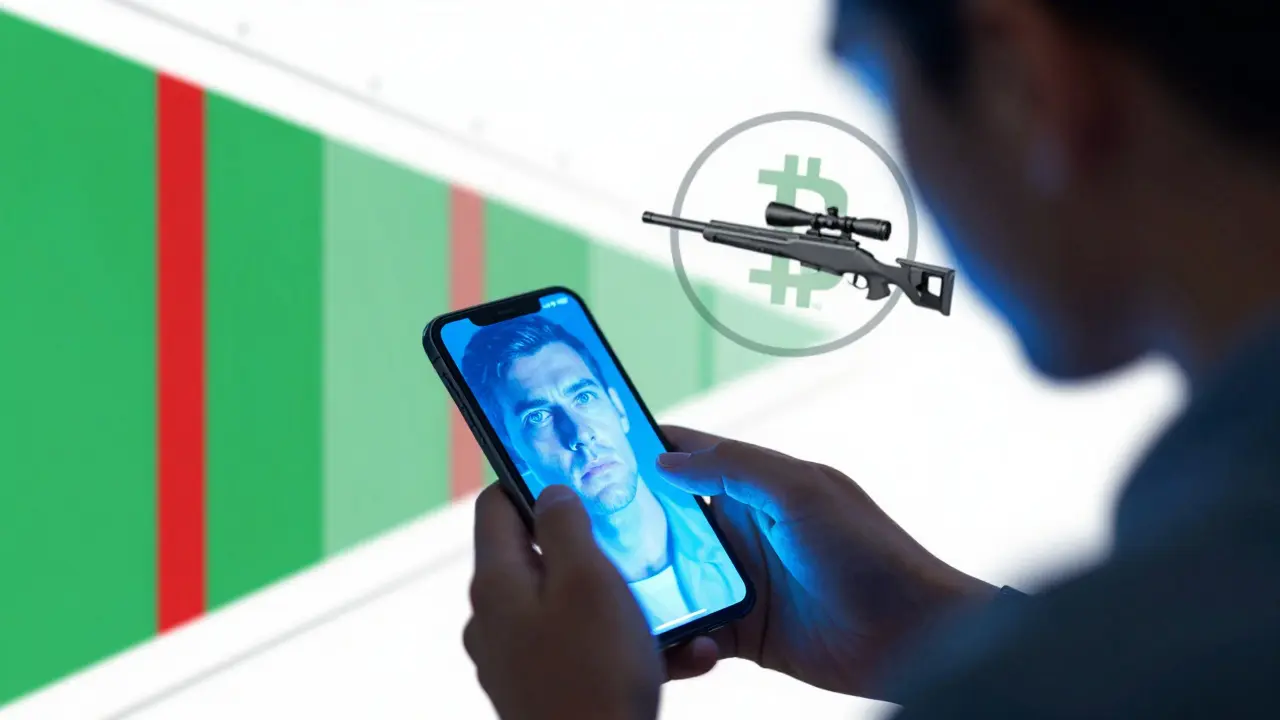 Trader using mobile app with sniper scope focus on Bitcoin derivatives trading.