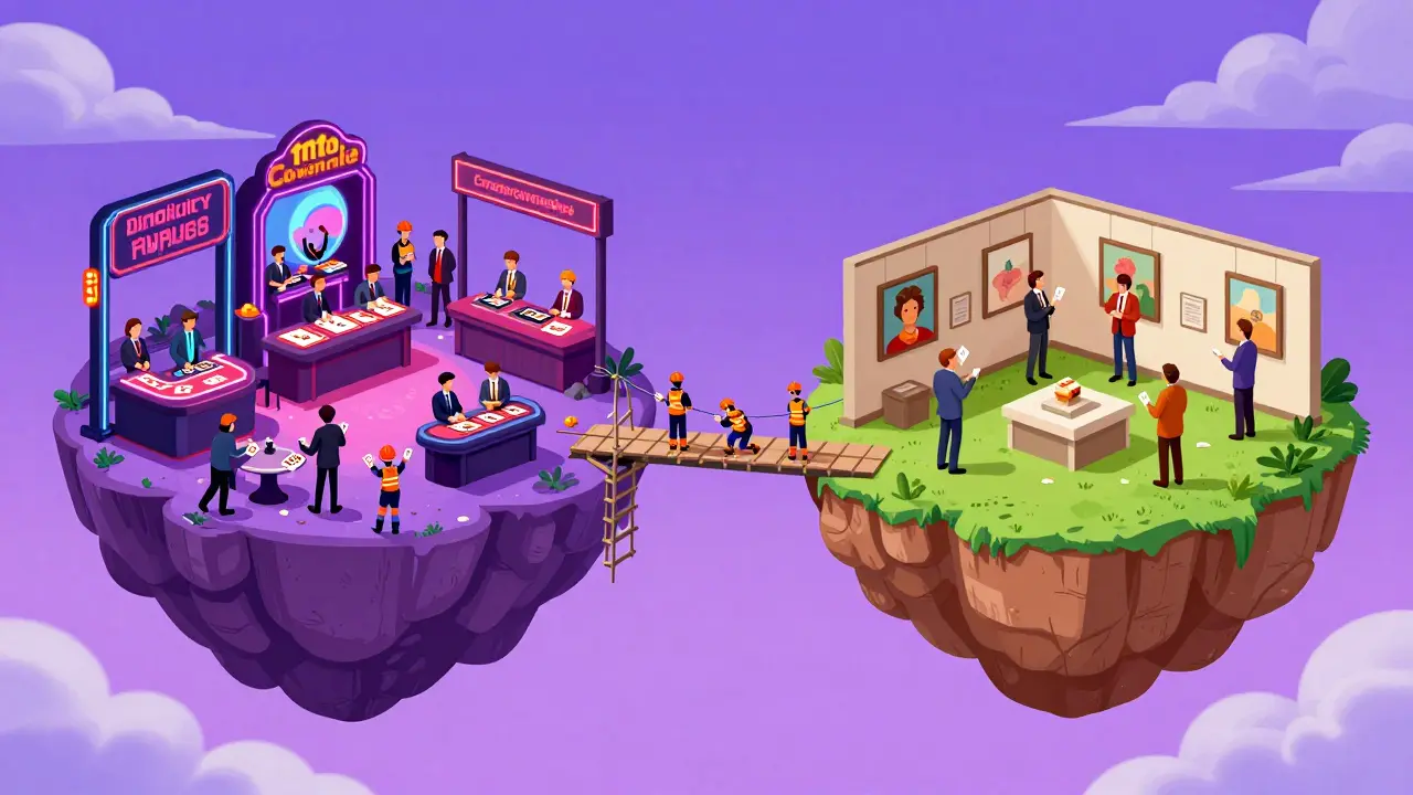 Two floating islands: one a chaotic trading casino, the other a quiet art gallery