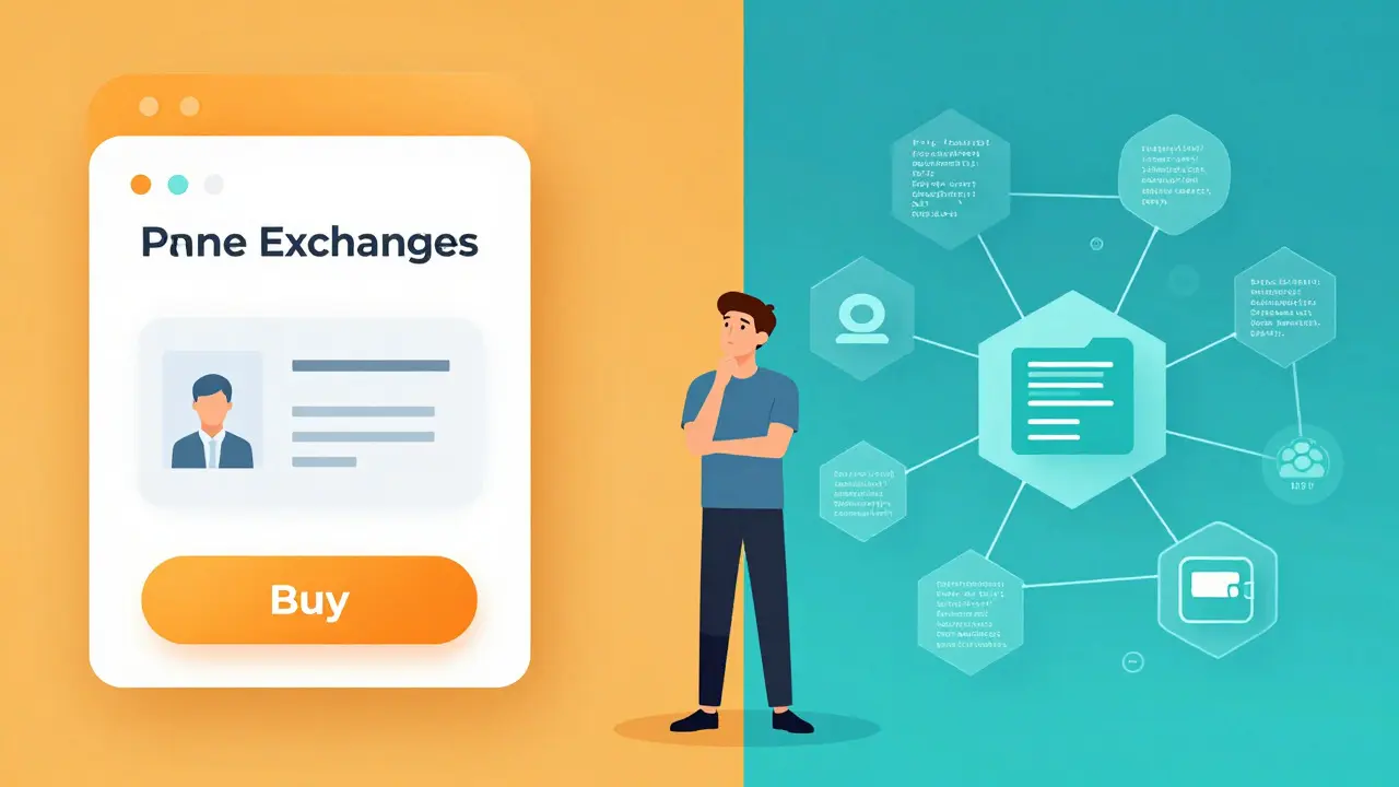 A split view comparing simple centralized exchange buttons with complex decentralized network nodes.
