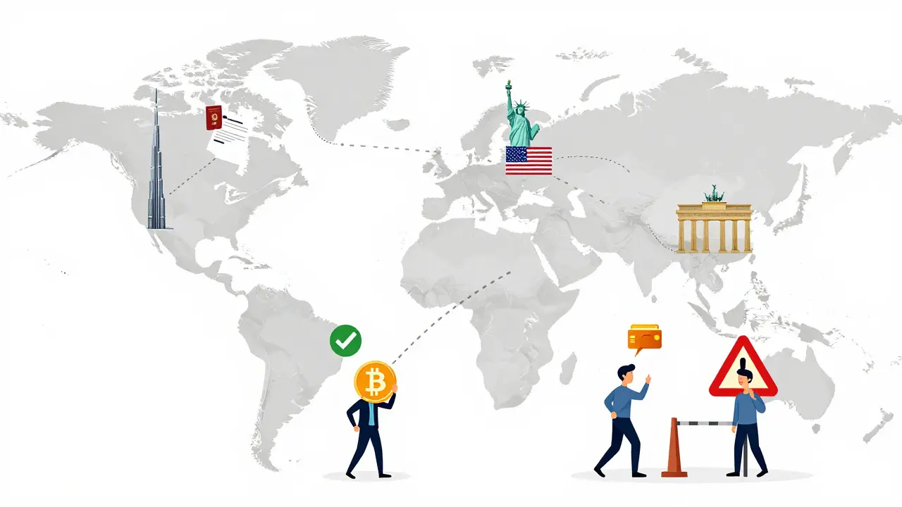 A stylized editorial illustration of global crypto tax residency planning. A simplified world map connects major financial hubs like the UAE, USA, and Germany. Characters are shown navigating borders with digital assets, accompanied by icons of passports and tax documents. The image conveys the complexity of choosing where to reside for optimal tax treatment, with visual cues indicating favorable versus restrictive environments.