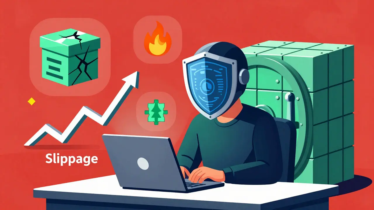 A trader protected by a blockchain vault against floating icons of smart contract bugs and high fees.