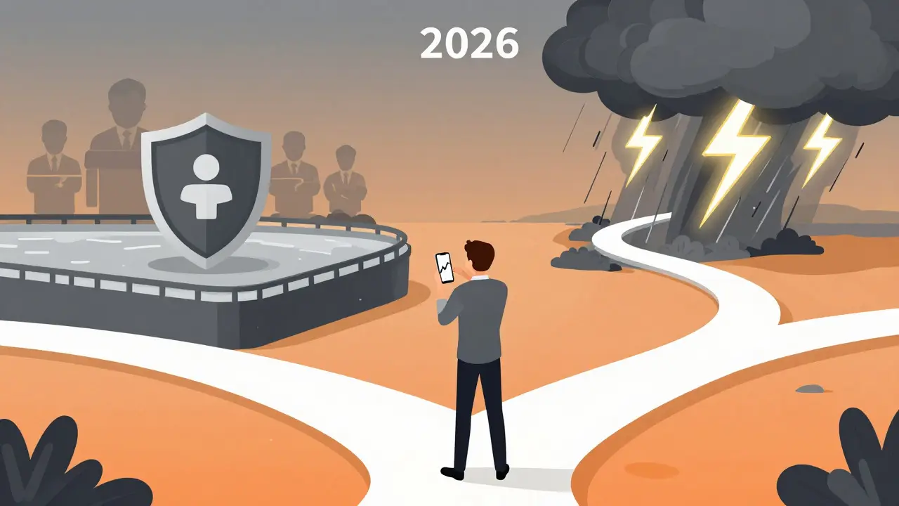 A trader weighing security benefits against market volatility risks on a digital path
