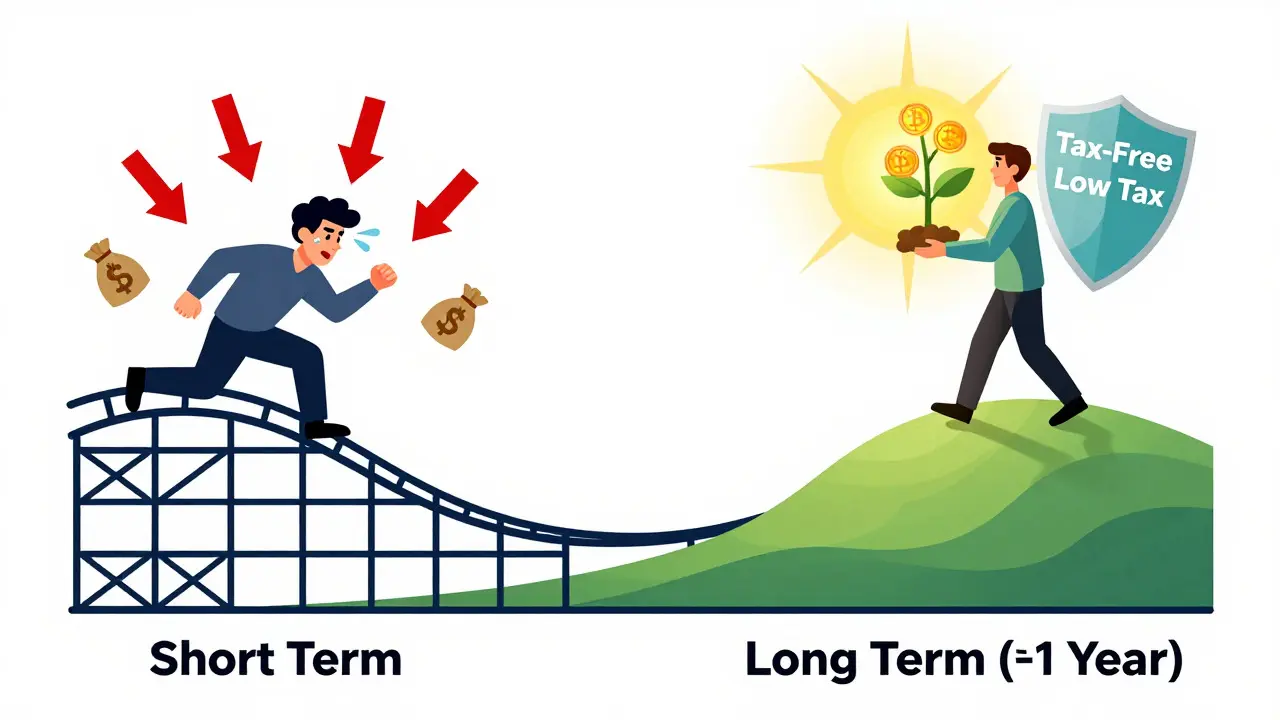 An editorial cartoon comparing short-term vs. long-term crypto investment strategies regarding taxes. The left side features a chaotic rollercoaster representing high-frequency trading with associated high tax penalties. The right side shows a serene path for long-term holders, protected by tax benefits after one year, symbolized by a growing Bitcoin plant. The illustration uses contrasting colors and moods to emphasize the financial advantages of patience.