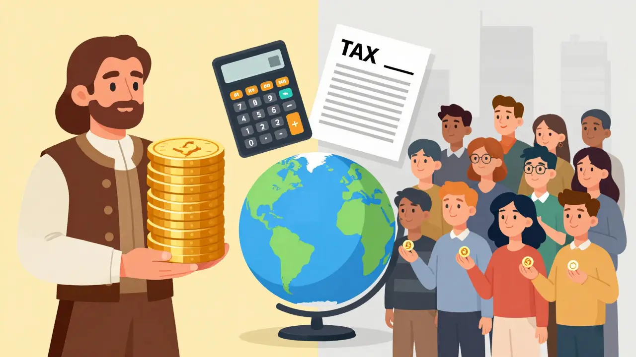 Cartoon comparison of high-value past airdrops versus diluted modern ones with tax icons.