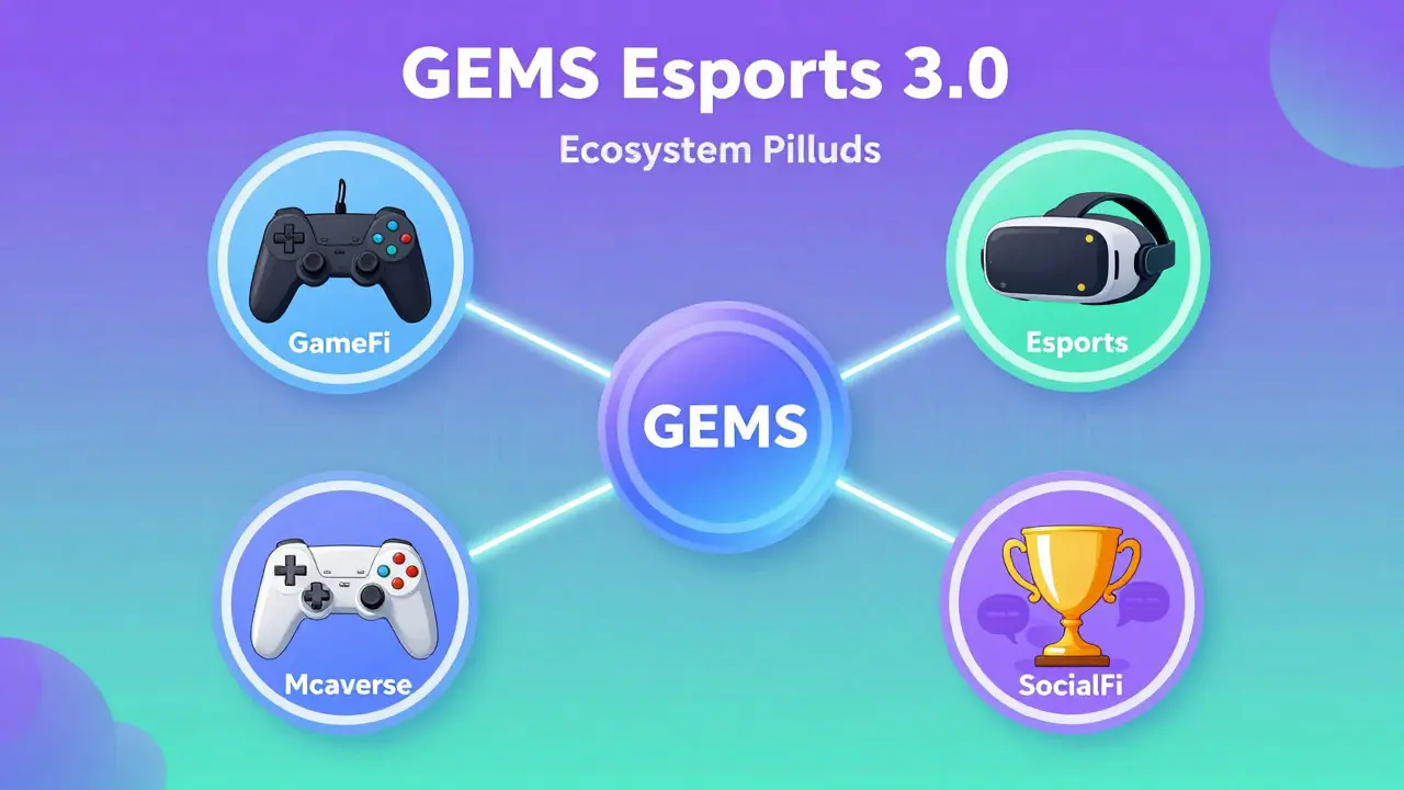 Cartoon diagram showing four pillars of GEMS Esports 3.0: GameFi, Esports, Metaverse, and SocialFi.