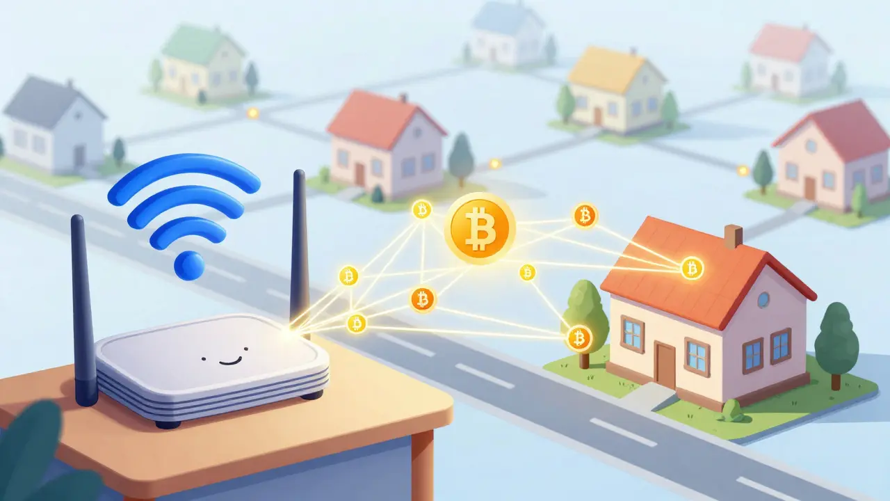 Cartoon of Wi-Fi router sharing internet via Bitcoin micropayments to neighbors
