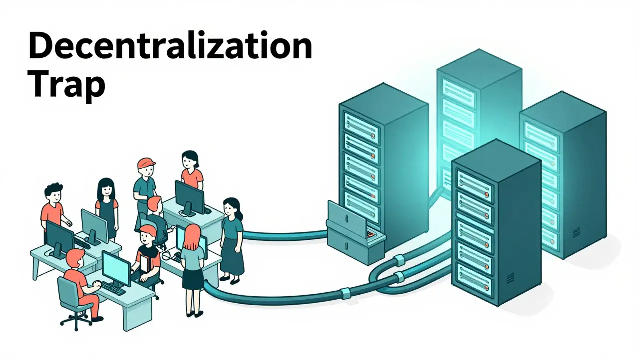 Cartoon showing centralized servers dominating decentralized users