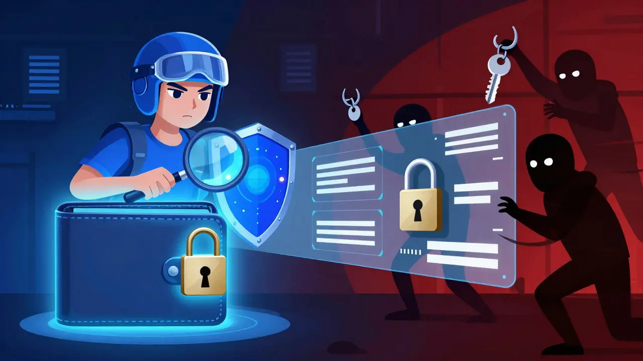 Cartoon user protecting digital wallet from scam threats
