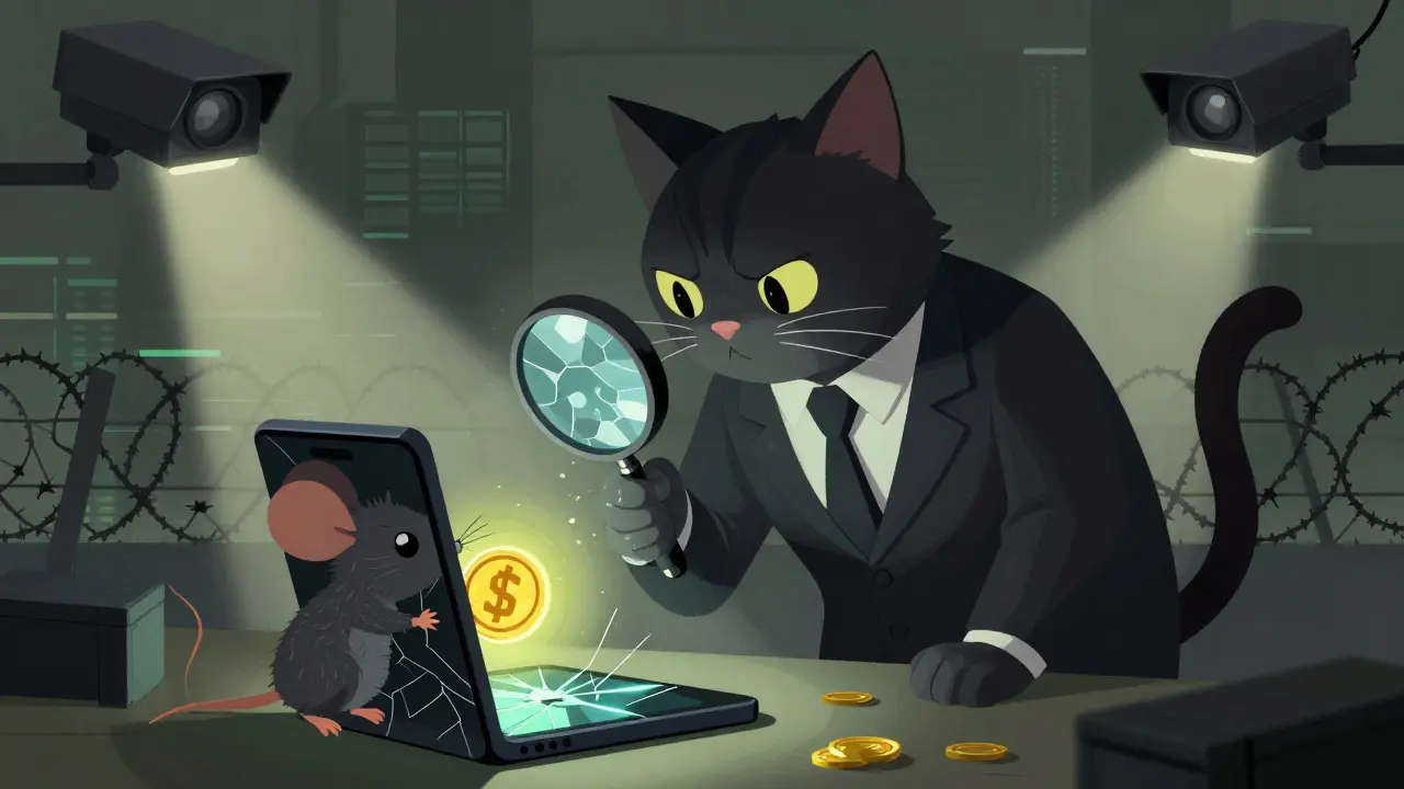 Cat enforcer watches mouse hiding with digital coin