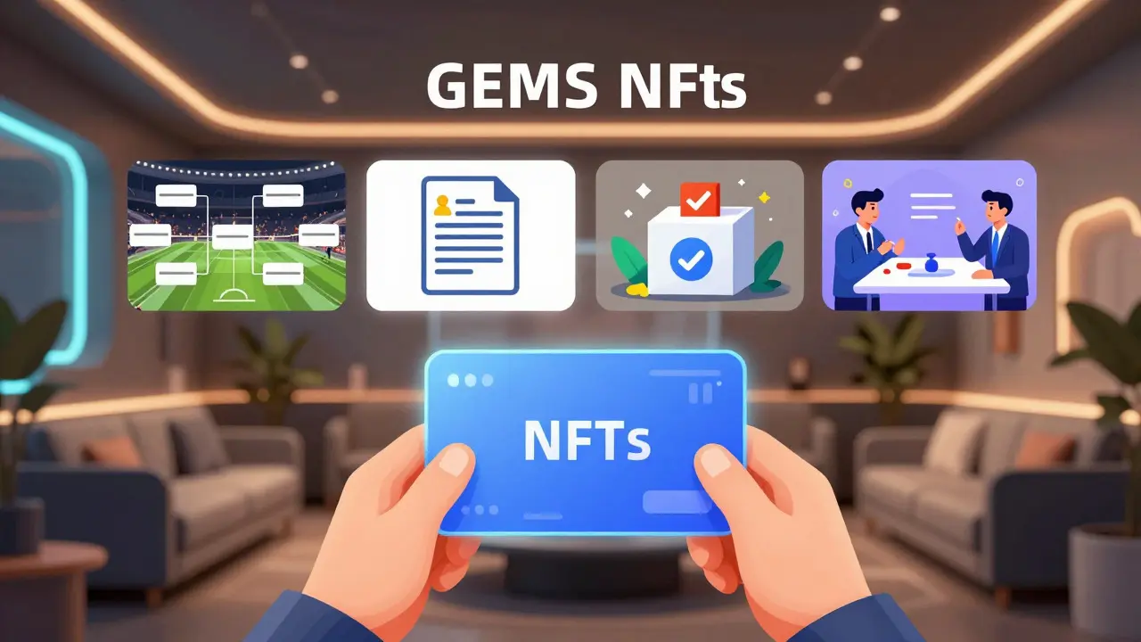 Character holding an NFT card projecting utilities like tournaments, rentals, governance, and fan rewards.