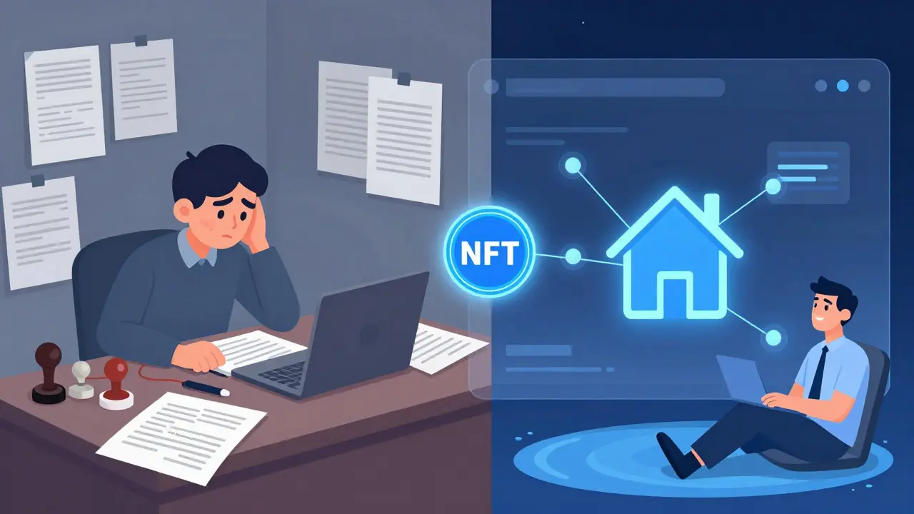 Comparison of messy paper deeds versus clean digital NFT tokens