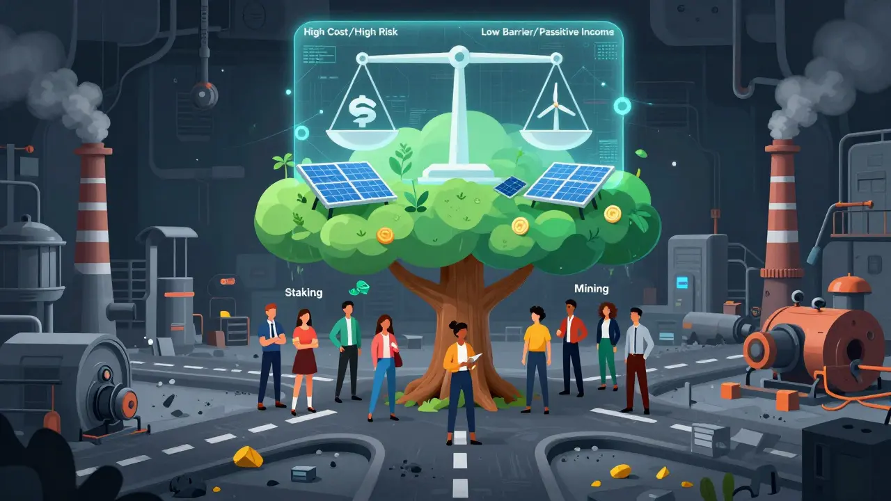 Conceptual art of investors choosing between mining and staking paths