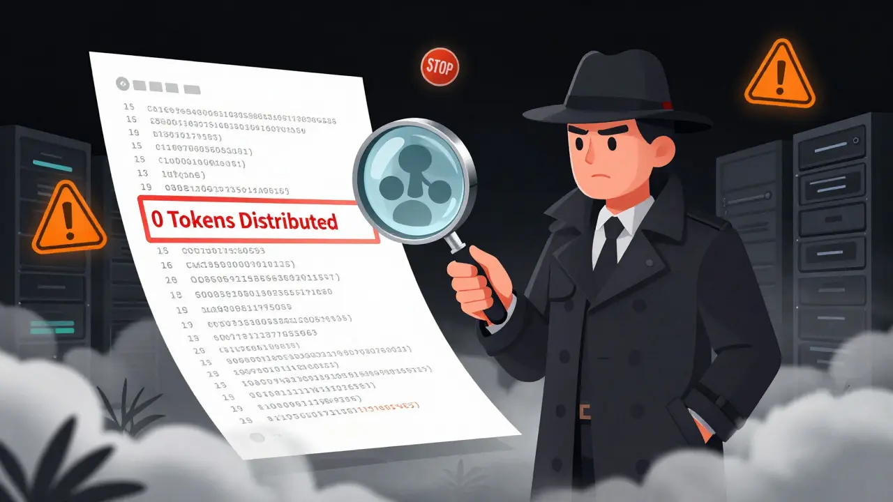 Detective examining blockchain data revealing zero token distribution