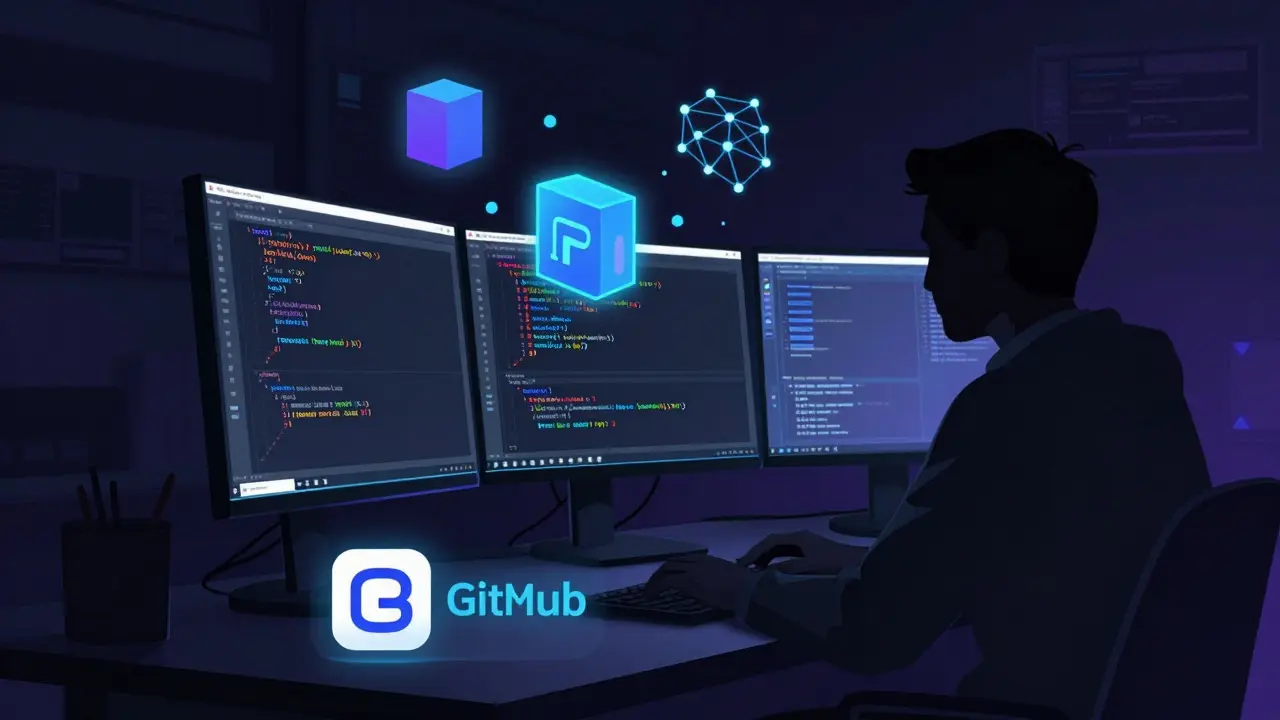 Developer coding BitMesh software on computer with blockchain graphics