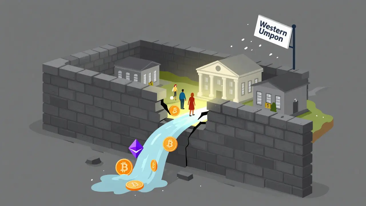 Digital coins flowing through a crack in a sanctions wall around Cuba
