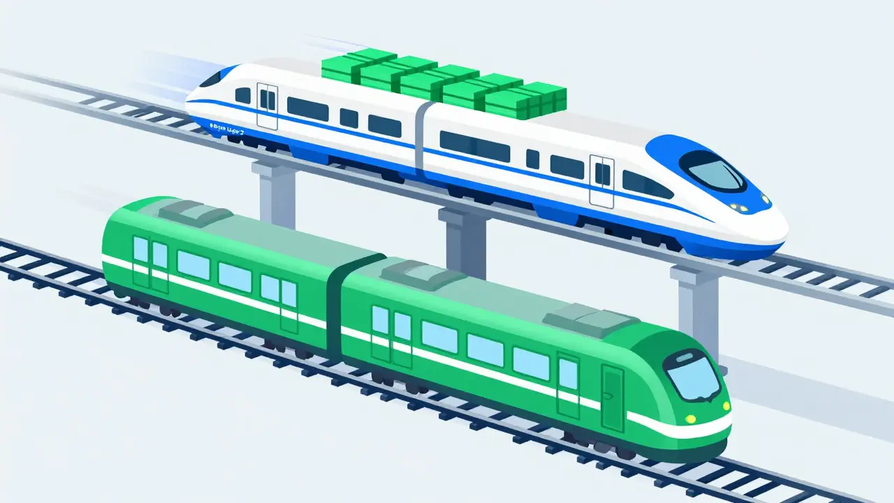 Editorial art depicting fast Layer-2 train above slow base chain