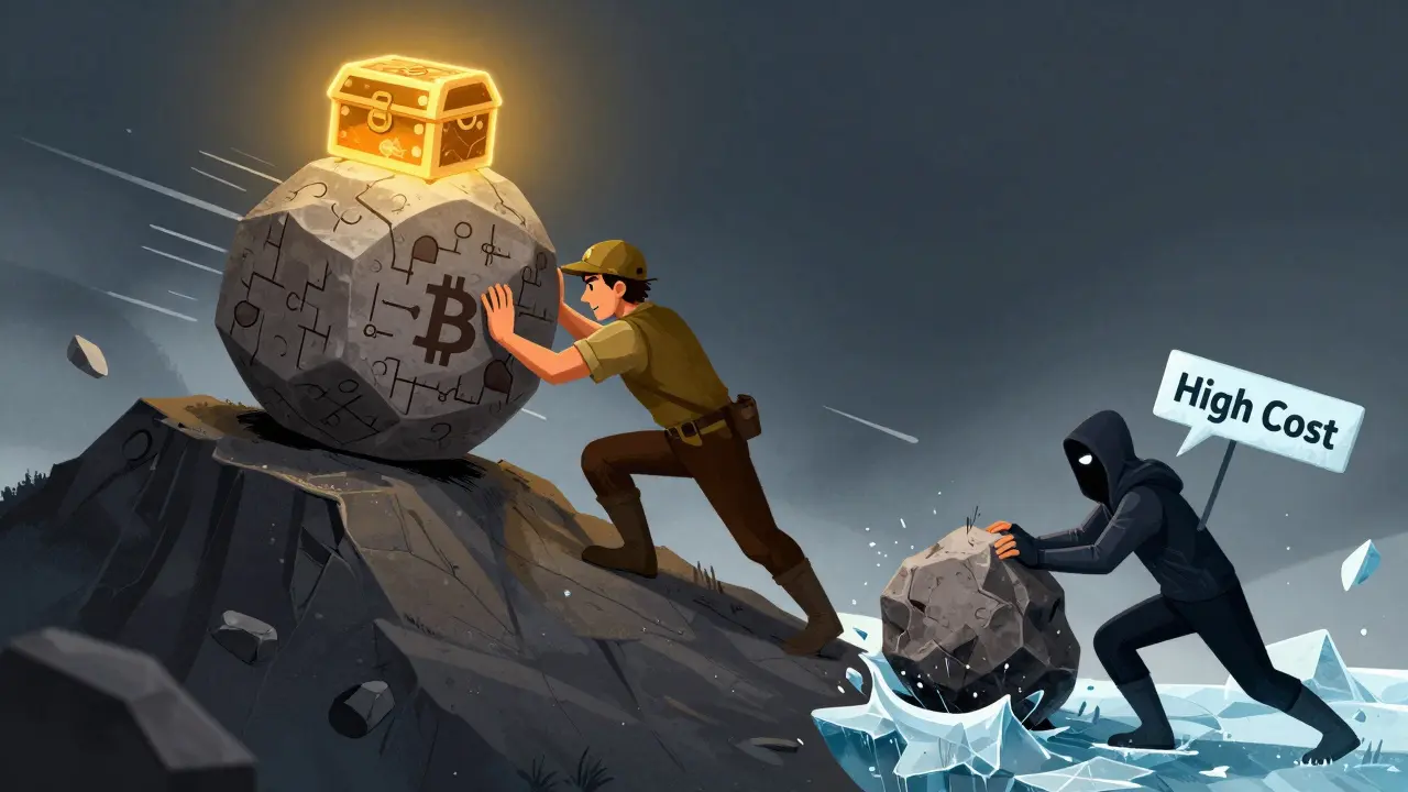Editorial art of miners solving puzzles for rewards, blocking hackers