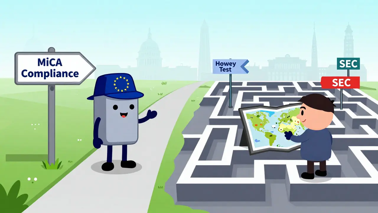 Editorial cartoon contrasting EU MiCA clarity with US regulatory maze for RWA tokens.