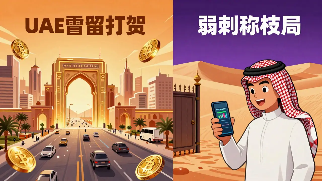 Editorial cartoon contrasting UAE crypto openness with Saudi restrictions