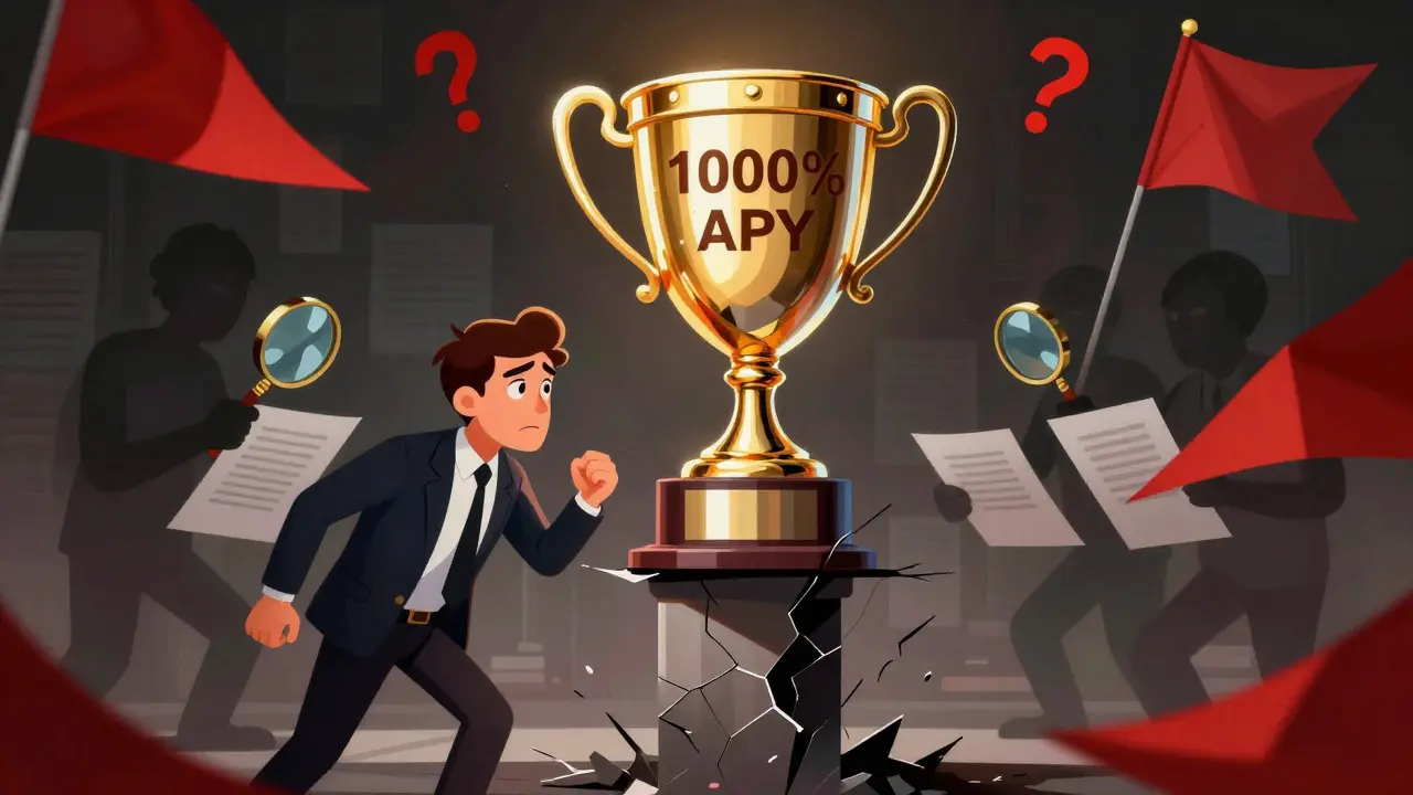 Editorial cartoon depicting high-yield risks and lack of transparency in crypto