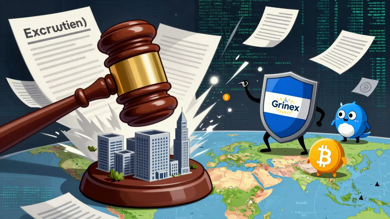 Editorial cartoon showing sanctions vs decentralized crypto platforms