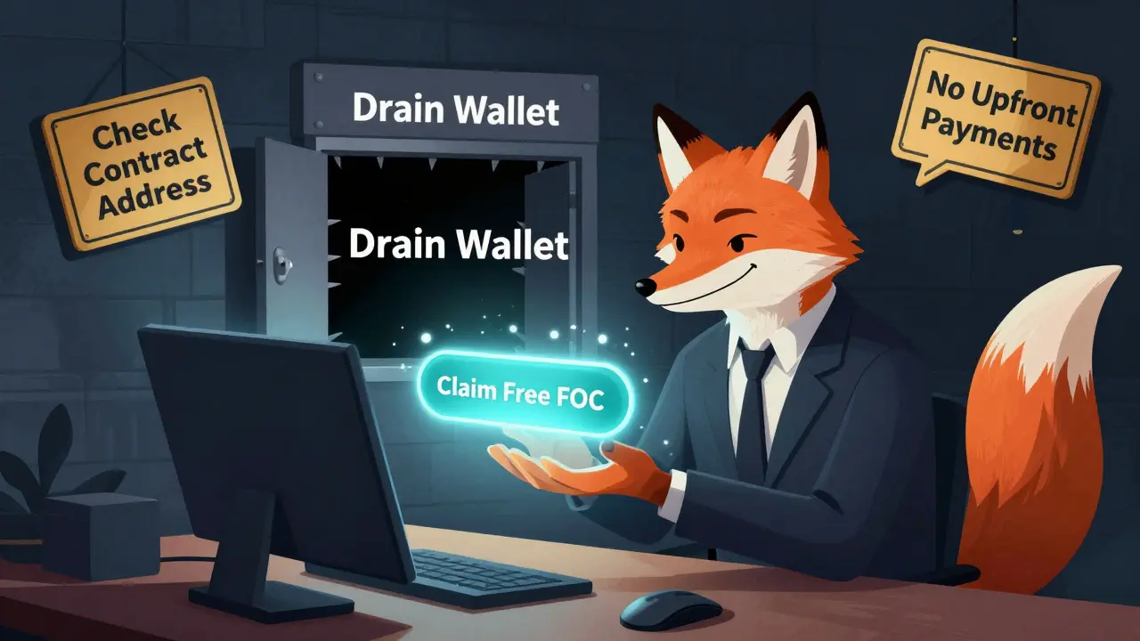 Editorial cartoon warning users about phishing scams and fake airdrops