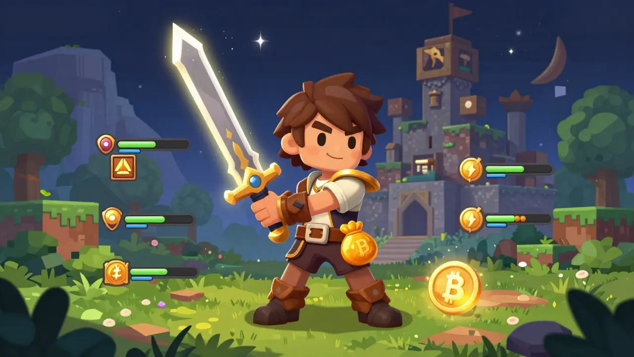 Fantasy game character holding an NFT sword in a blockchain world.
