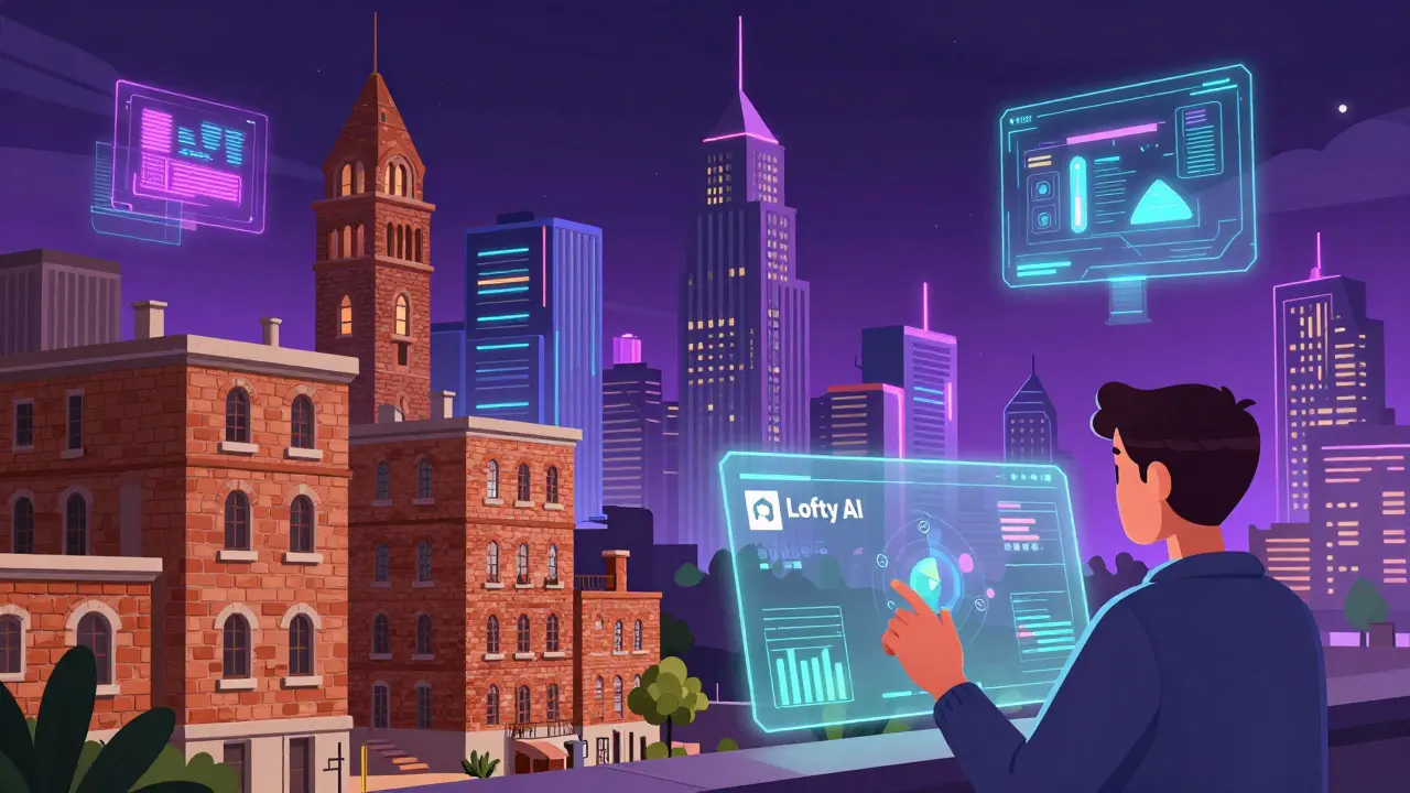 Futuristic city blending physical buildings with virtual metaverse land
