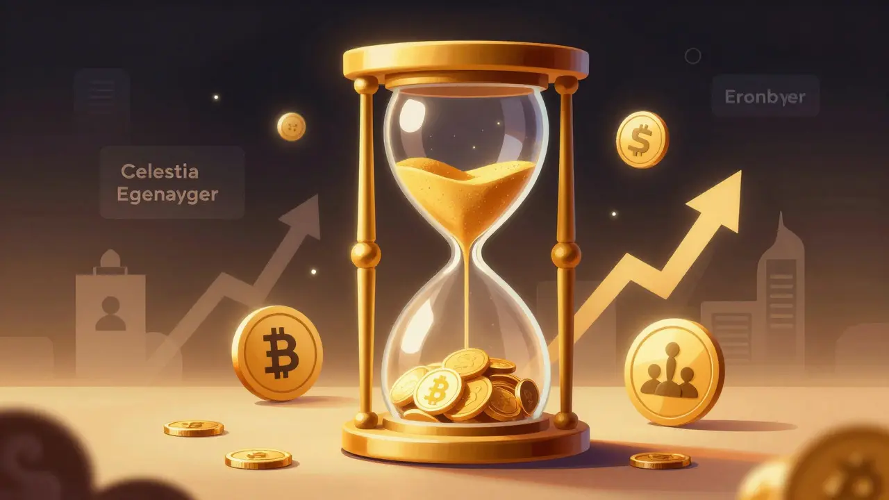 Golden hourglass with digital tokens representing airdrop anticipation