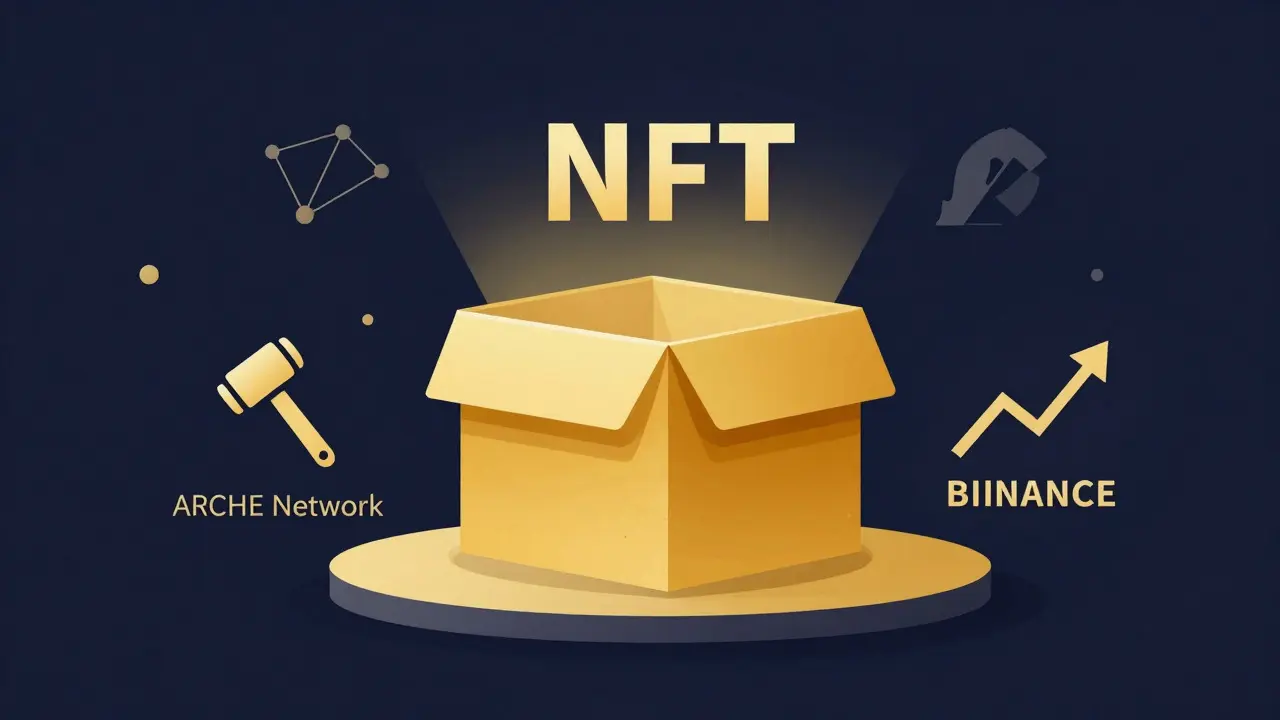 Golden mystery box surrounded by crypto partner symbols