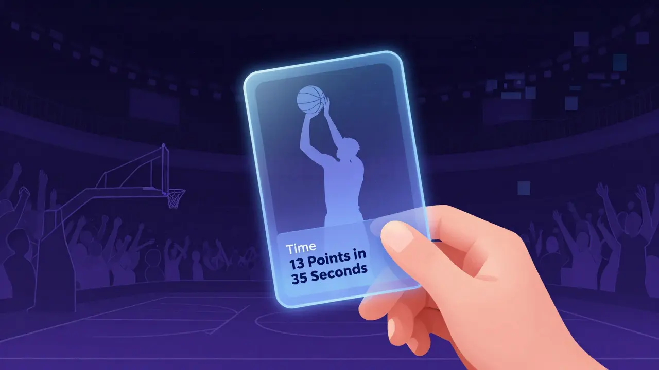 Hand holding holographic NFT card of basketball moment
