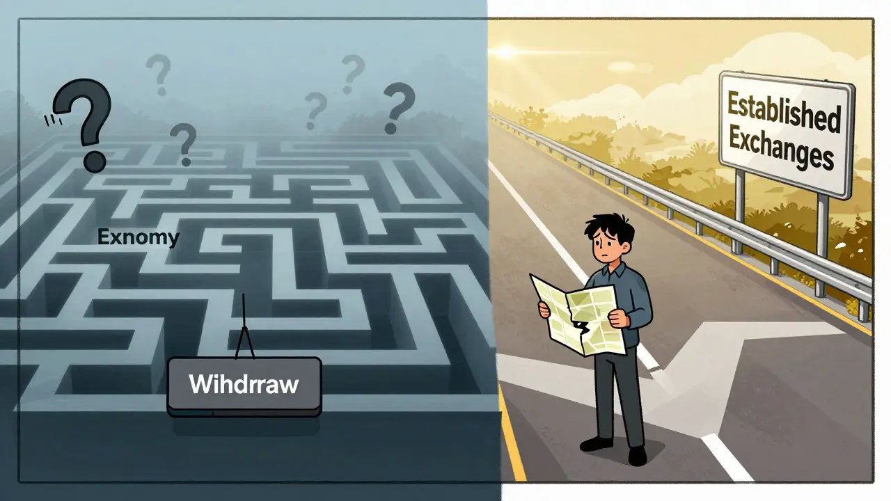 Illustration comparing confusing crypto maze to clear established path