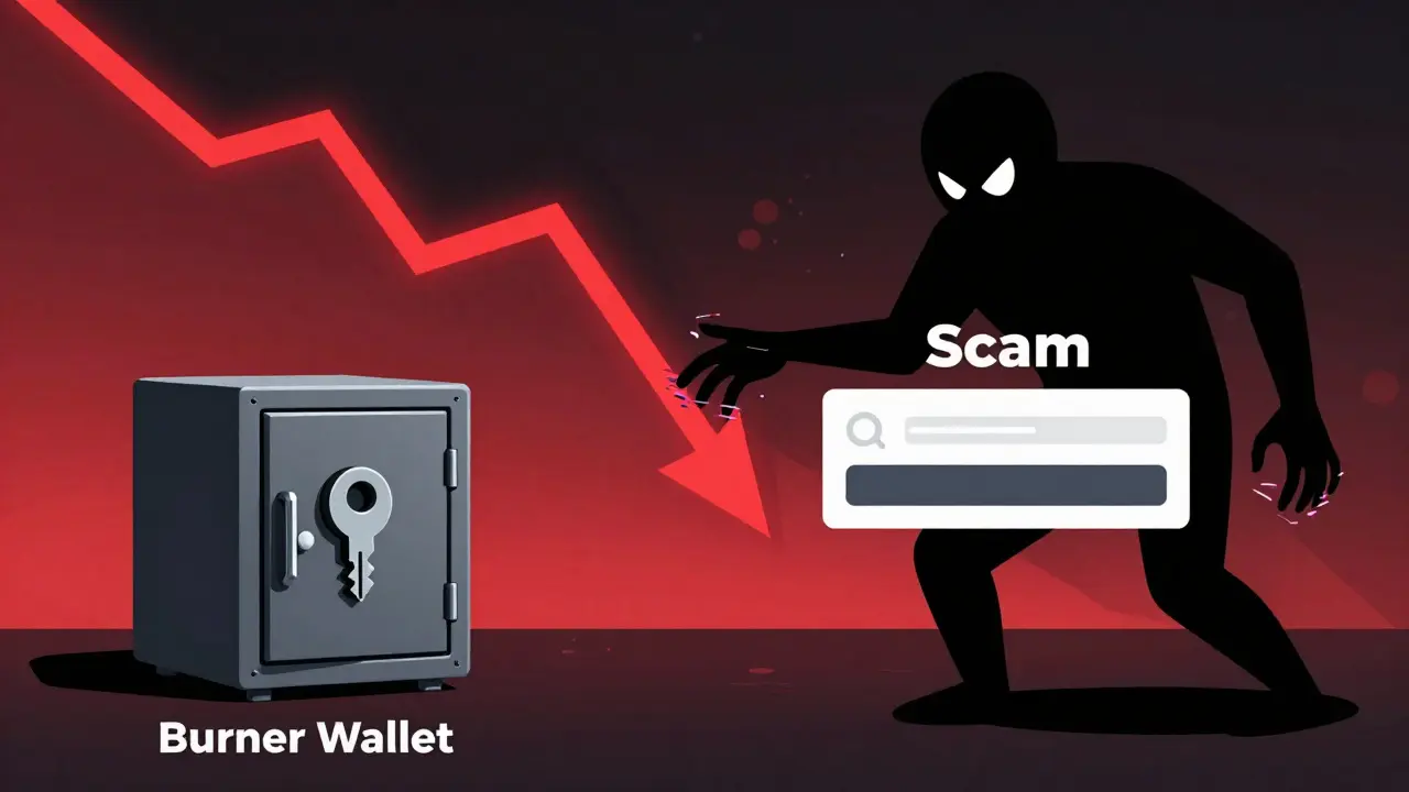 Illustration of burner wallet safety vs scam threats in crypto