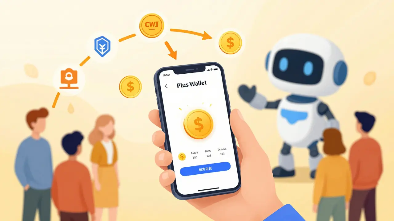 Illustration of CWT token cashback ecosystem within the Plus Wallet interface