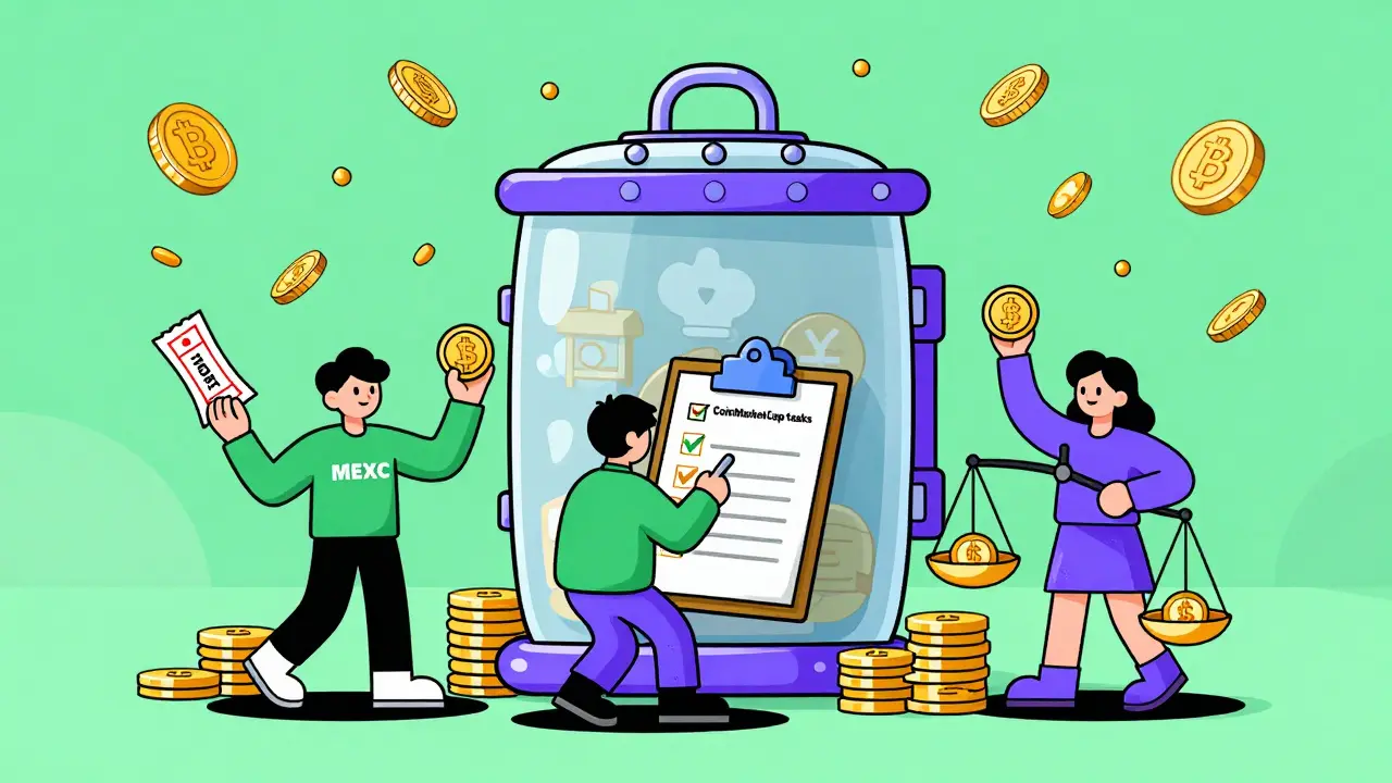 Illustration of diverse characters receiving crypto airdrop rewards