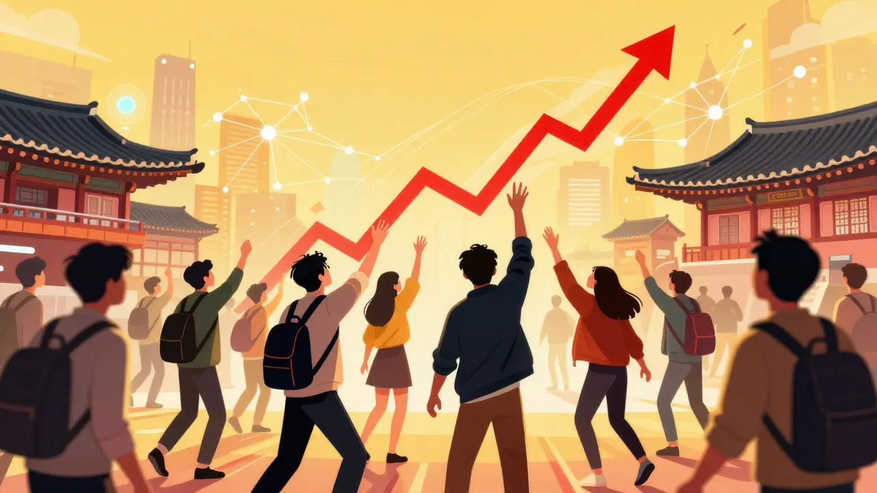 Illustration of enthusiastic Korean traders chasing rising crypto prices in Seoul