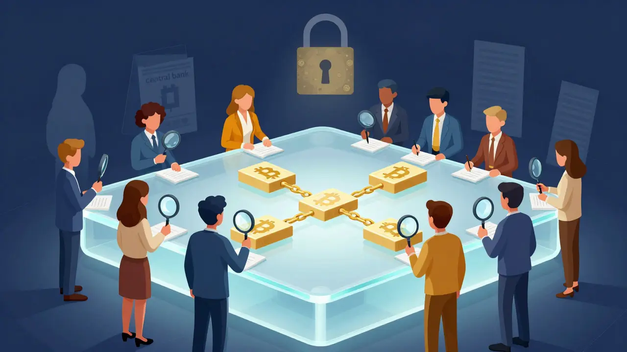 Illustration of nodes verifying transactions on a shared blockchain ledger