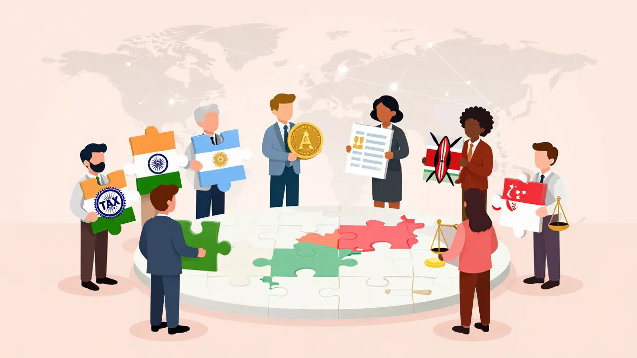 Illustration of small nations collaborating on global crypto regulations