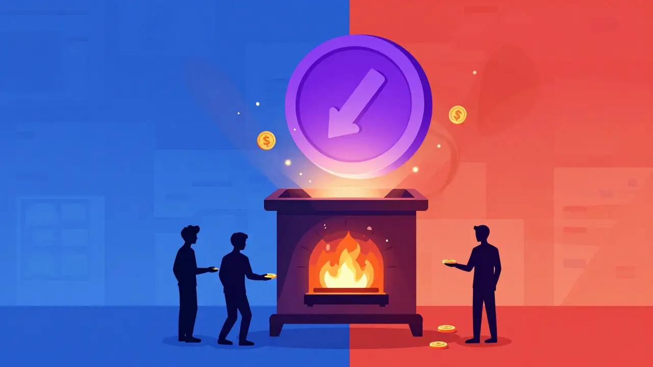 Illustration of tokens being burned in a furnace to reduce supply.