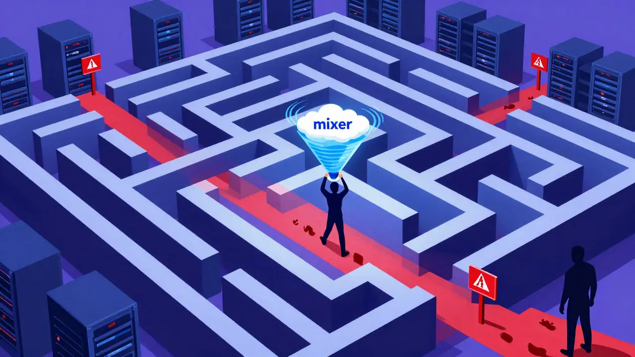 Illustration of user navigating risky DeFi maze with mixers