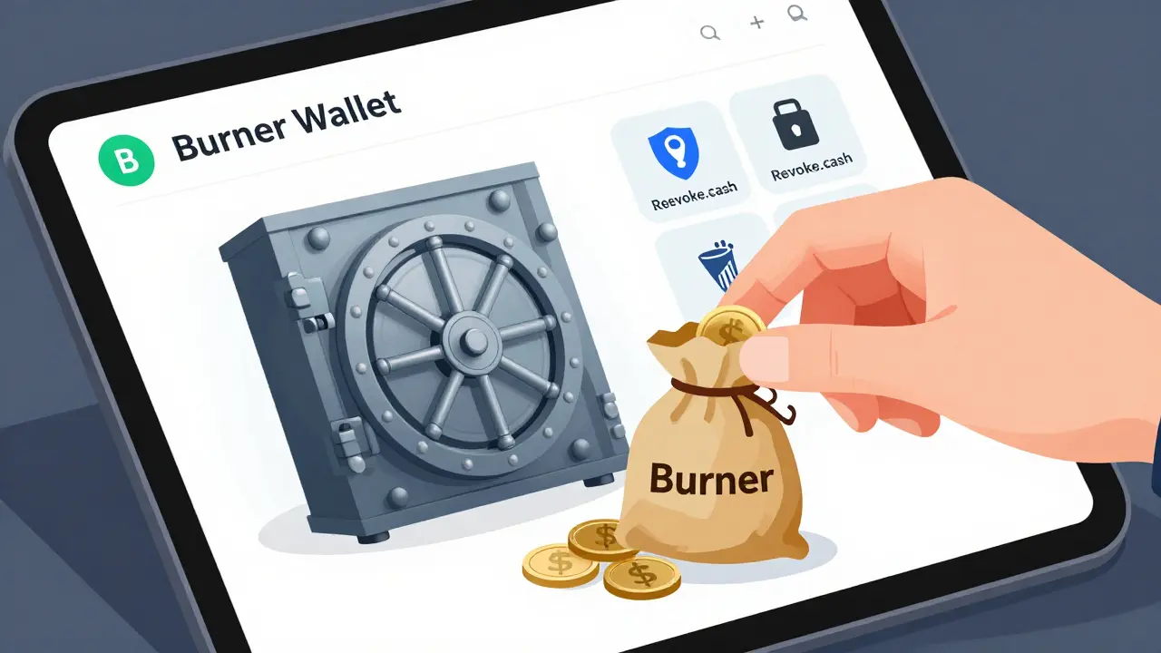 Illustration showing a secure main vault versus a small burner wallet for safe DeFi participation.