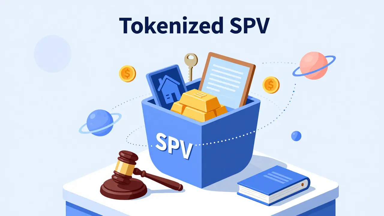 Illustration showing an SPV shield protecting assets while digital tokens orbit around it.