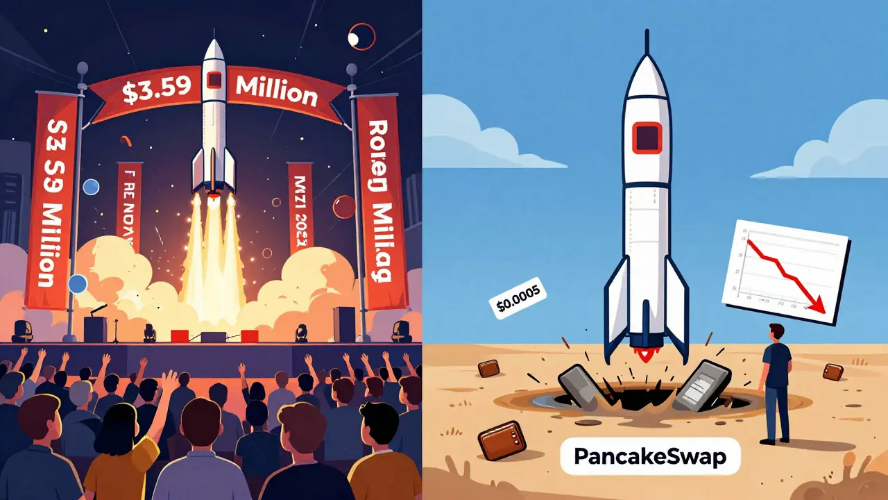 Illustration showing FOC token's crash from launch hype to low value reality