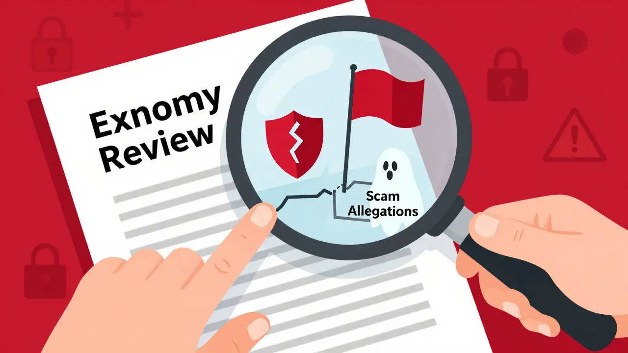 Magnifying glass revealing red flags on crypto exchange review doc